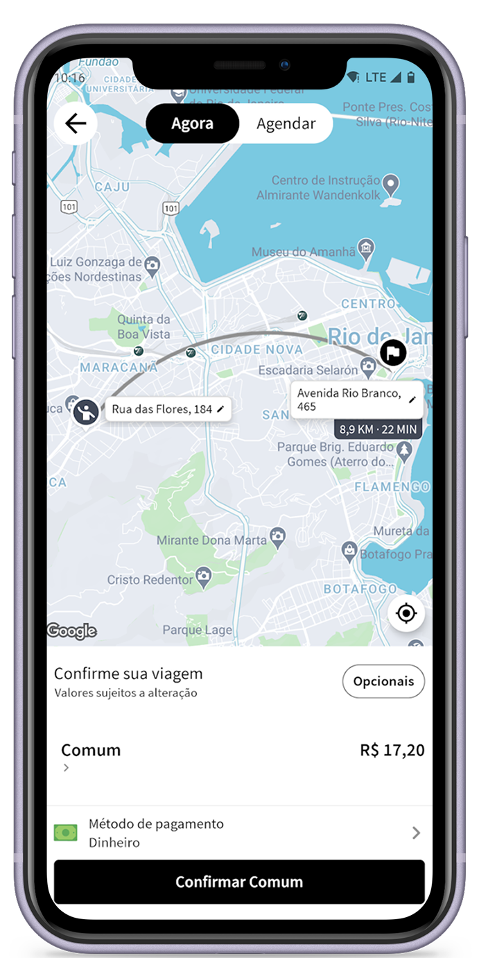 Mapa e confirmação de viagem no app Goio Mob